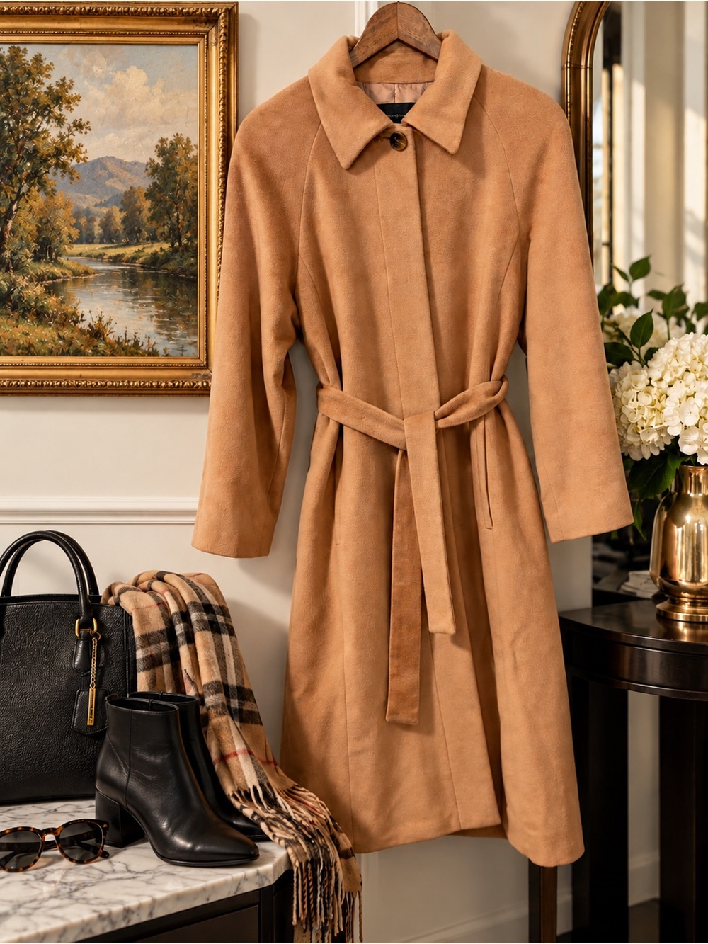 Jones New York - Wool Angora Camel Belted  Wrap Winter Coat Size 10